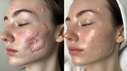 Before-and-after acne healing  Active pustules turning into flat healing spots, reduced redness, and pore shrinkage on both sides of the face