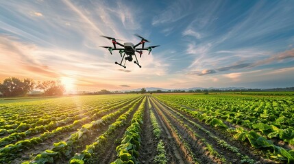 Drone Flying Over Rows of Crops at Sunset