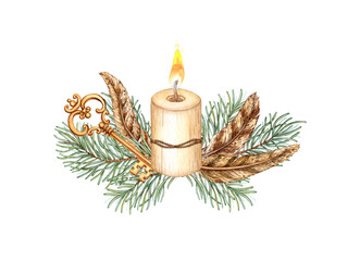 Candle burning in fir branches with feathers key illustration. Plants for winter Christmas and New Year's decor. Isolated from the background. Ideal for printing, textiles, web design,