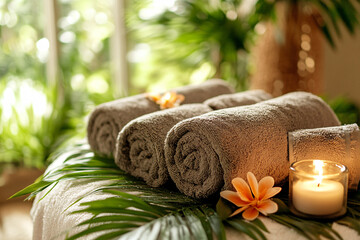 spa setting with candles and towel