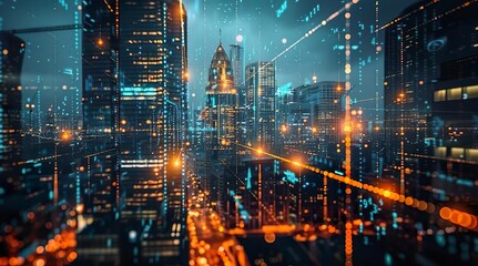 Fototapeta premium Futuristic Cityscape at Night with Digital Bokeh