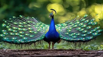 Obraz premium Majestic Peacock with Fanned Tail Feathers Vibrant Colors Close Up Nature Photography