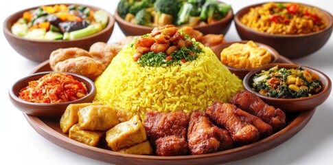 A Wooden Platter with Yellow Rice, Tofu, and Fried Chicken