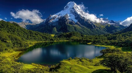 Serene Mountain Lake with Snow capped Peak and Lush Green Landscape