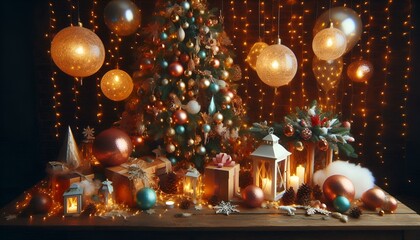 Christmas tree decorated with beautiful balloons, toys, New Year, Christmas gifts, Christmas celebration concept, New Year, holiday banner, poster