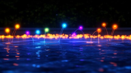 Colorful Light Trails Falling Over Reflective Water Surface in Abstract Night Scene
