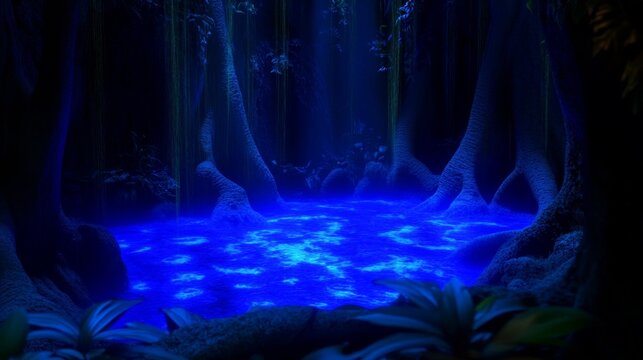 Cylindrical Blue Waterfall Display with Dramatic Lighting on dark shadow background neon wallpaper