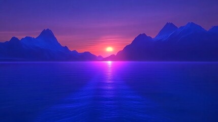 Fototapeta premium Colorful Nebula Lighting Up Alien Ocean with Dark Mountain Silhouette 