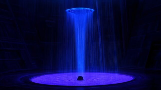 Cylindrical Blue Waterfall Display with Dramatic Lighting on dark shadow background neon wallpaper