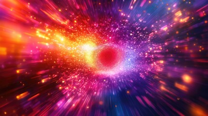 Abstract vibrant image featuring a fluffy light tunnel with glowing particles, creating a dynamic and colorful background for digital art