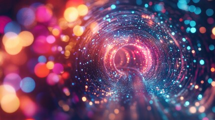 Obraz premium Colorful glowing particles swirl in a fluffy light tunnel, creating a dynamic and vibrant abstract background for digital artwork