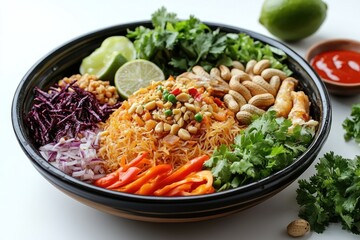 A Bowl of Thai Noodle Salad with Cashews, Lime, and Spring Rolls
