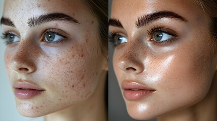 Soft-focus before-and-after images of acne scar coverage with makeup, natural skin tones, flawless finish, detailed pores, studio lighting, realistic transformation