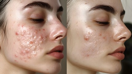 Clinical acne treatment documentation, showing a female patient's skin before with severe acne, and after 6 weeks of treatment with noticeable improvements in texture