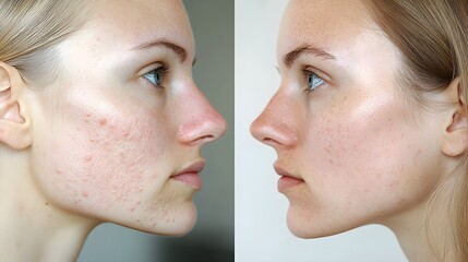 Obraz premium Before-and-after acne treatment, highlighting pore reduction, smooth skin, and removal of acne scars, Photorealistic, High Detail, Bright Lighting