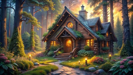 Welcoming light is shining from the windows of a small wooden cabin nestled deep in a magical forest