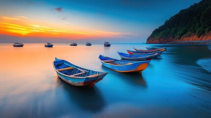 Fototapeta premium Boats anchored on the shore as the sun sets, casting warm hues over the water and sky, creating a peaceful and picturesque seaside view.