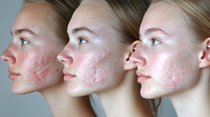 A close-up series showing acne treatment progress on a young adult over three months, from inflamed skin to a smooth, clear complexion Natural lighting, realistic detail