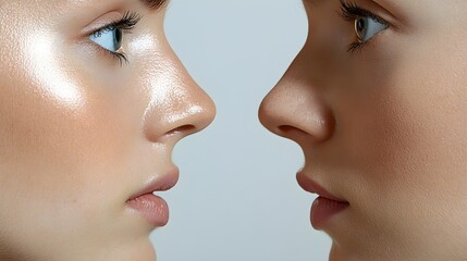 Obraz premium Detailed side-by-side comparison of facial aging, showing smoother skin, tightened jawline, and reduced wrinkles post-facelift, High-Resolution, Realistic Style