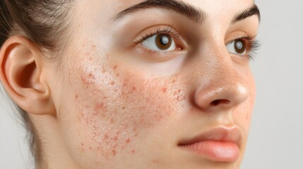 Close-up of a patient's face with visible acne, red and inflamed, captured in clinical lighting, white background, realistic, high detail After 6 weeks, skin clear and smooth