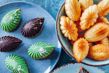 Madeleine biscuit.Madeleine Cookie Set.Mint, chocolate and unglazed madeleines.Top view. French...