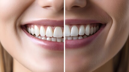 Before-and-after dental treatment images, featuring misaligned, yellowed teeth before, and a straight, gleaming smile after complete care