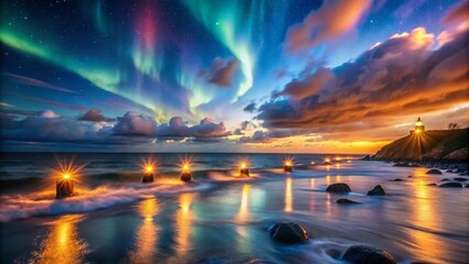 Ocean waves crashing on the shore with a distant lighthouse and bright aurora borealis illuminating the sky