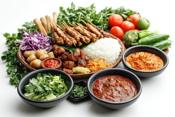 Grilled Meat Skewers with Rice, Sauces, and Fresh Vegetables