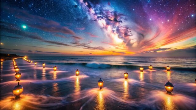 Ocean waves crashing on the shore with a distant lighthouse and bright aurora borealis illuminating the sky - Powered by Adobe