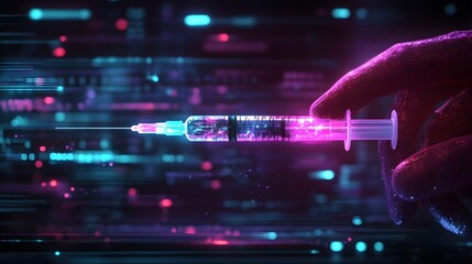 Fototapeta premium A glowing holographic syringe in the hands of a healthcare worker vaccinating a first responder, bright medical lab, vivid neon purple and teal lights, cyberpunk, digital illustration