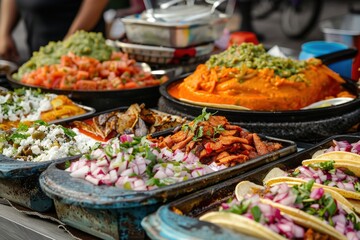 Obraz premium A table full of food with a variety of dishes including a bowl of guacamole, generative ai image
