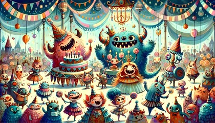 Fototapeta premium Monstruos de Fiesta: Celebración de Criaturas Fantásticas