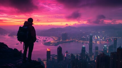Fototapeta premium Silhouette of a Backpacker Contemplating a Vibrant Hong Kong Cityscape at Dawn