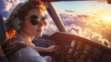 Female Pilot in Cockpit at Sunset