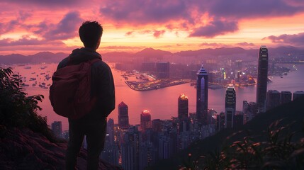 Fototapeta premium Silhouette of a Man Overlooking Hong Kong Skyline at Sunset