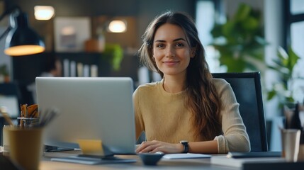 Smiling Woman Working at Laptop