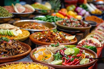 Fototapeta premium A table full of food with a variety of dishes including a bowl of guacamole, generative ai image