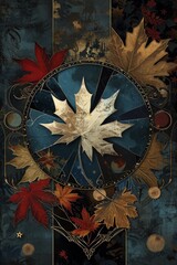 Ornate artwork of floating autumn leaves in a circular pattern.