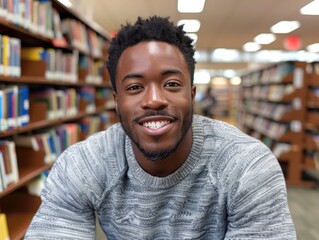 Black college male student in library on college campus