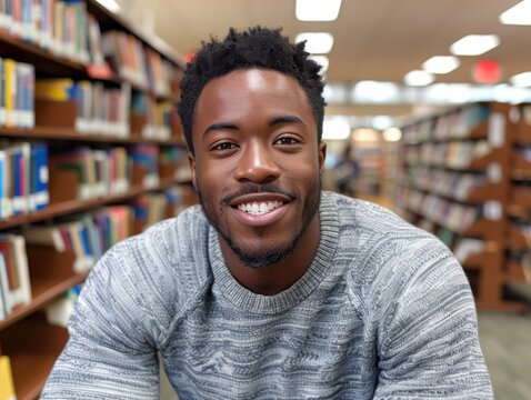 Black college male student in library on college campus
