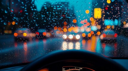 Rainy day drive, raindrops on the windshield with blurred city lights ahead generative ai