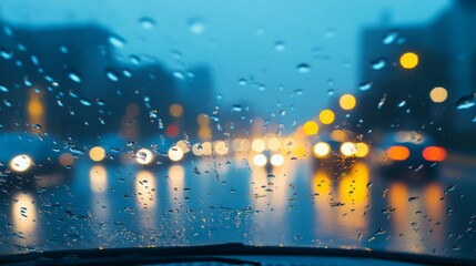 Rainy day drive, raindrops on the windshield with blurred city lights ahead generative ai