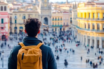 Obraz premium Man with a Backpack Observing a Crowded City Square