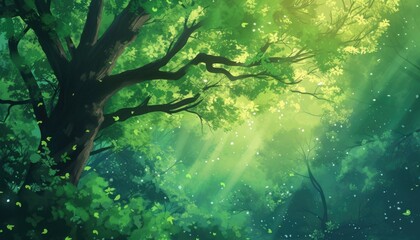 Obraz premium A beautiful capture of sunlight filtering through the tree canopy of a forest.