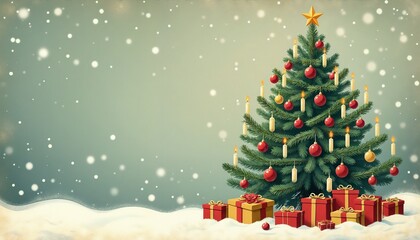 Christmas tree decorated with ornaments and candles, surrounded by gifts, festive winter atmosphere, copy space