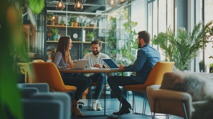 Meeting of Three Colleagues in a Modern Office