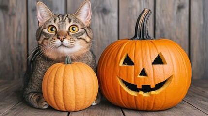Cute Cat with Jack o  Lantern Pumpkins for Halloween Decor