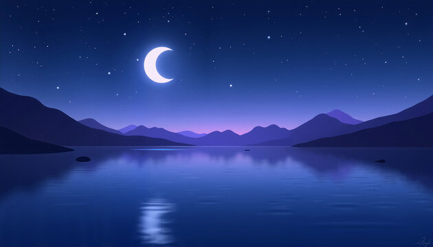 三日月夜の湖と並木 A4サイズフレーム入り 原画 水彩画 風景画 三日月夜の湖と並木 A4サイズフレーム入り 原画 水彩画 風景画