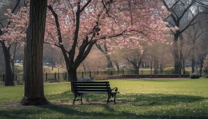 Serene park scene with blooming cherry blossom trees and a bench under the trees, evoking a calm, tranquil atmosphere.