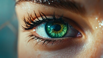 Close-up of a Green Eye with Long Eyelashes and Glimmering Skin